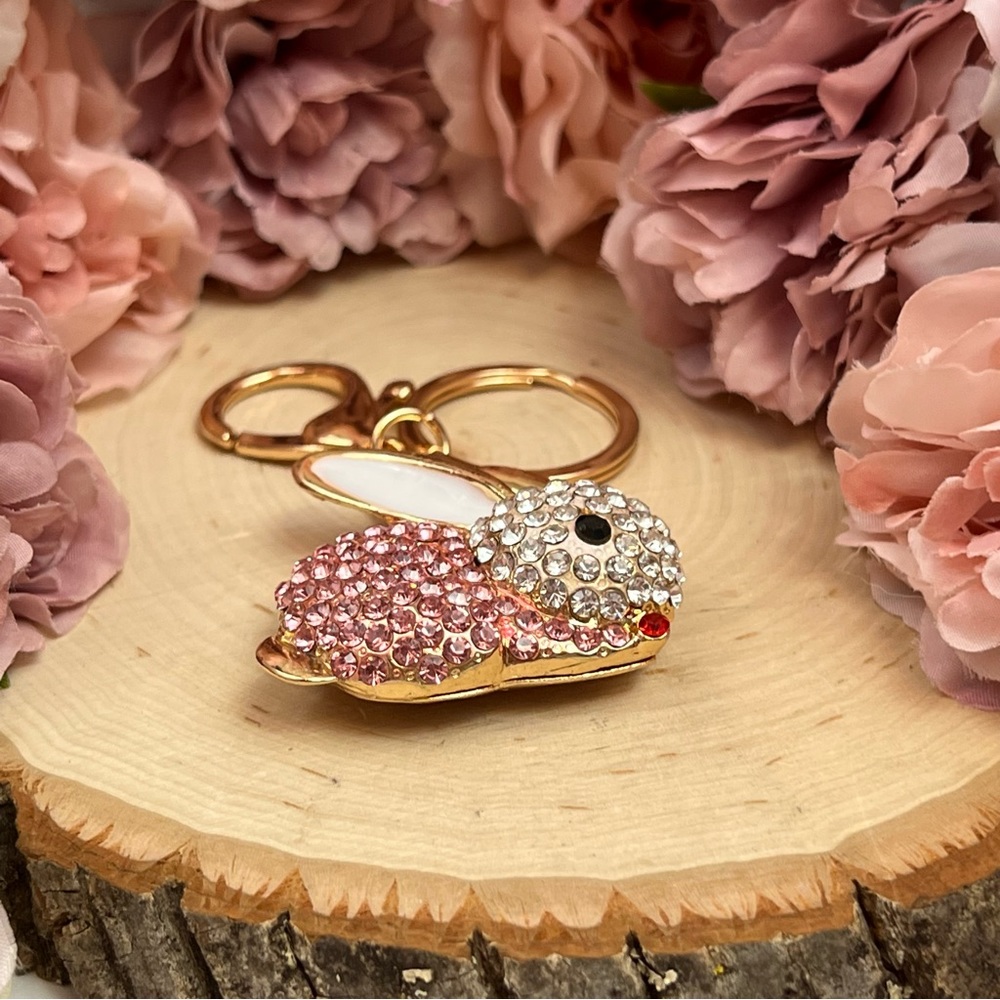 Pale Pink and Silver Crystal Bunny Rabbit Keychain Charm - Picture 8 of 12